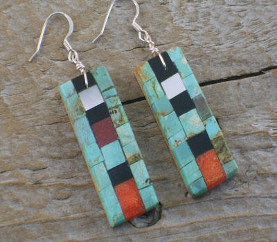 Earrings Native American Inlay Mosaic Tiles Long -C
